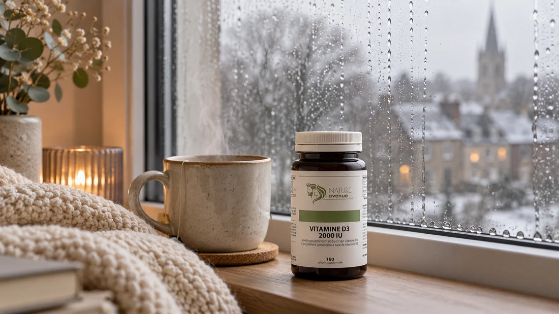 Vitamine D3 2000 van Nature Avenue op een vensterbank op een grijze winterdag