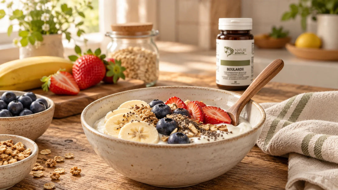 Saccharomyces boulardii van Nature Avenue naast een kom yoghurt met fruit en granola