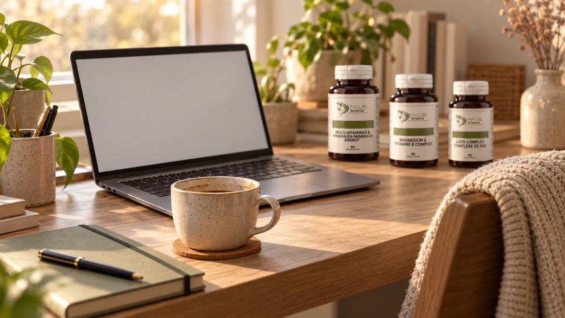 Multivitamine Energy, Magnesium & Vit B Complex en IJzer Complex van Nature Avenue op een bureau