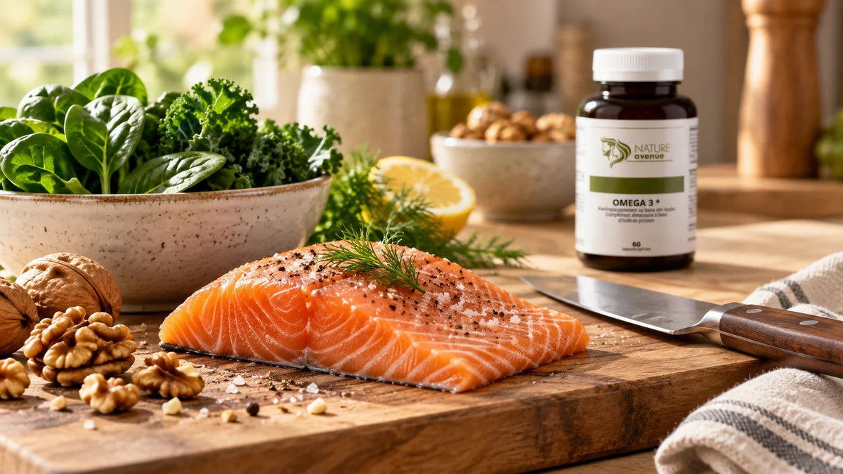 Omega 3 van Nature Avenue naast verse zalm, walnoten en groene bladgroenten