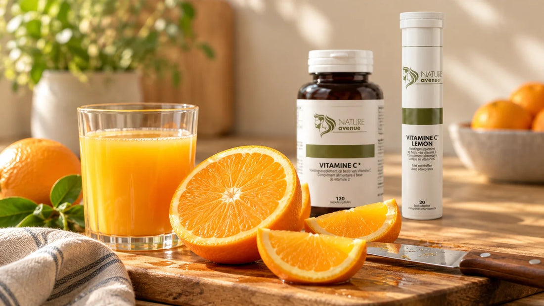 Vitamine C en Vitamine C Lemon van Nature Avenue naast verse sinaasappels en een glas sap