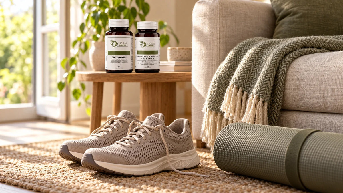 Glucosamine + MSM en Devil's Claw & Boswellia van Nature Avenue naast sportschoenen en een yogamat