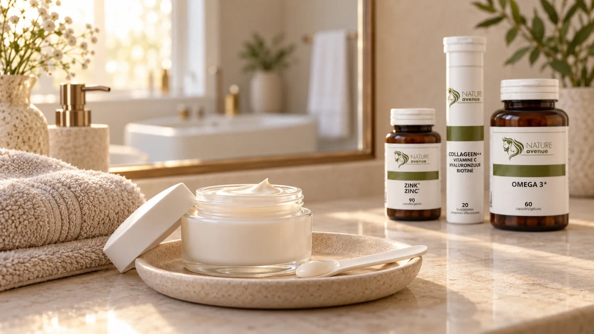 Zink, Collageen++ en Omega 3 van Nature Avenue op een badkamermeubel met een pot gezichtscreme