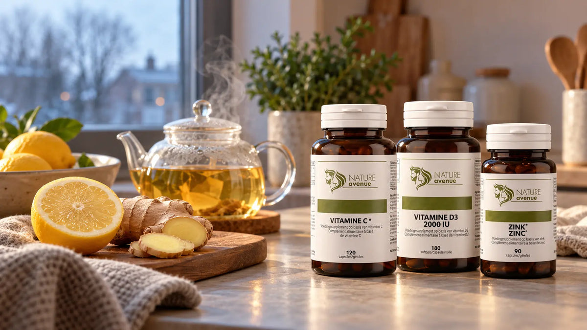 Vitamine C, vitamine D3 en zink van Nature Avenue op een keukentafel bij daglicht