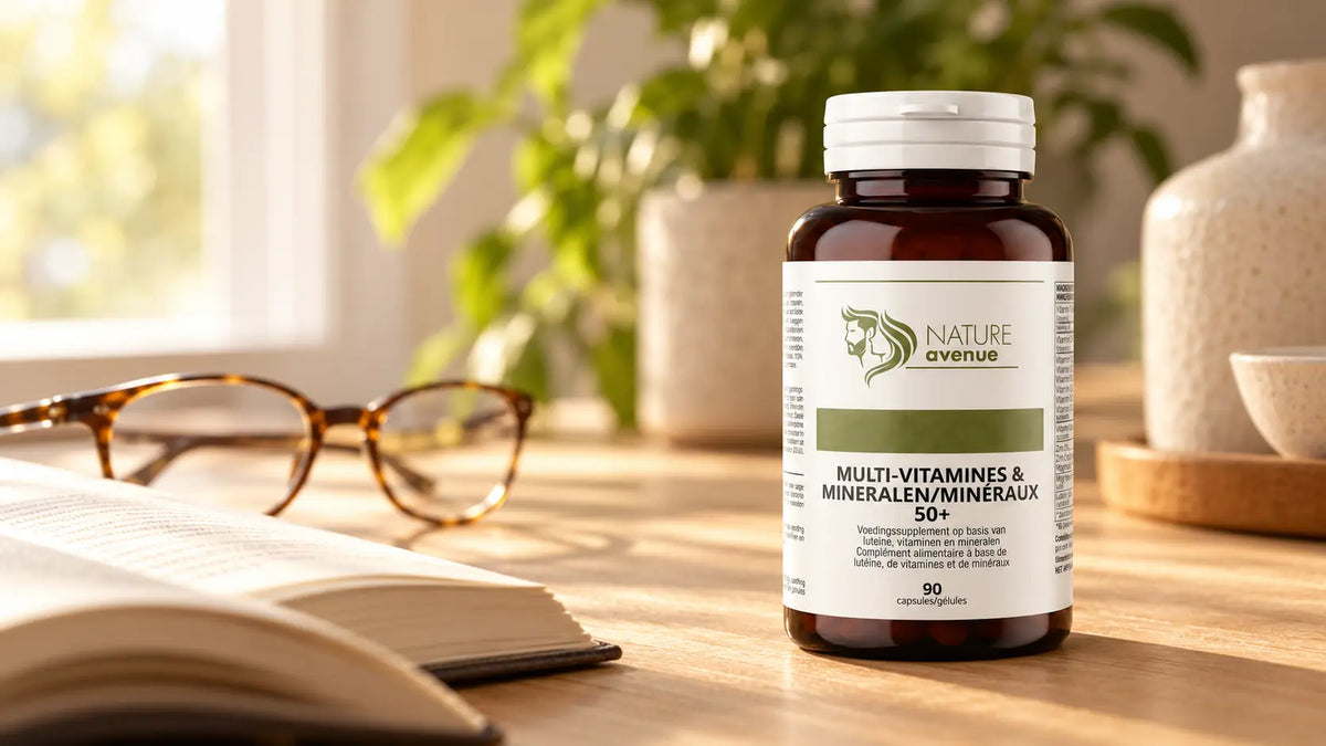 Multi-Vitamines 50+ van Nature Avenue op een bureau met een leesbril en een open boek