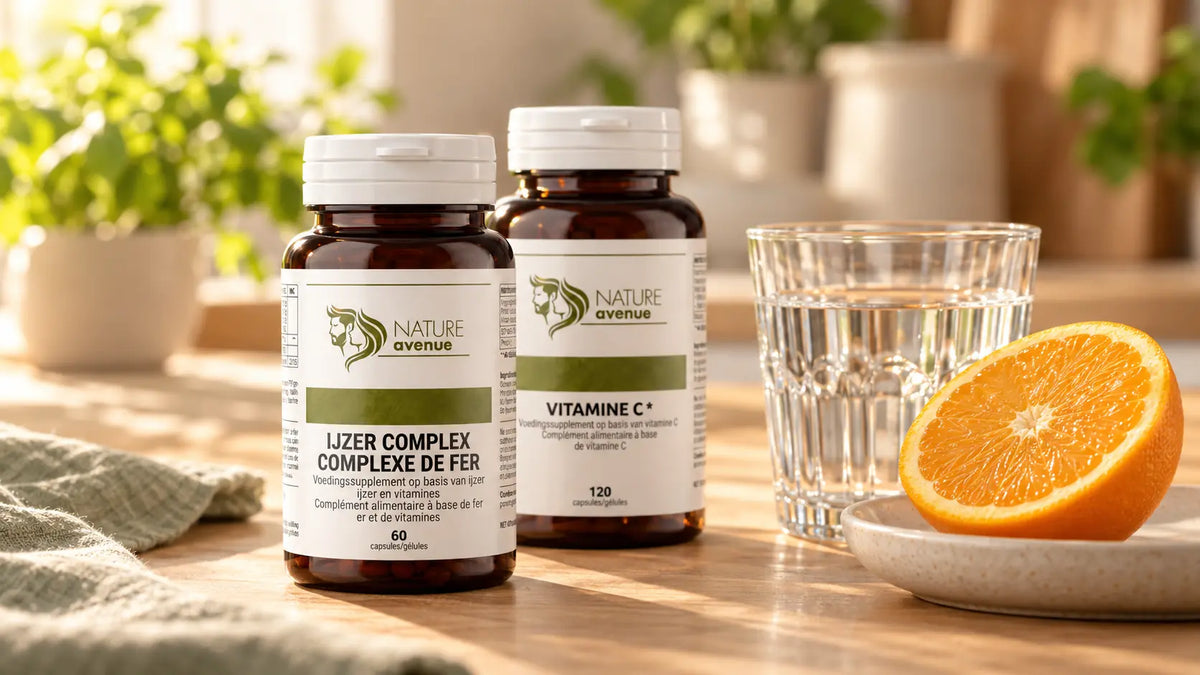 IJzer Complex en Vitamine C van Nature Avenue op een keukentafel, met een glas water en een halve sinaasappel ervoor