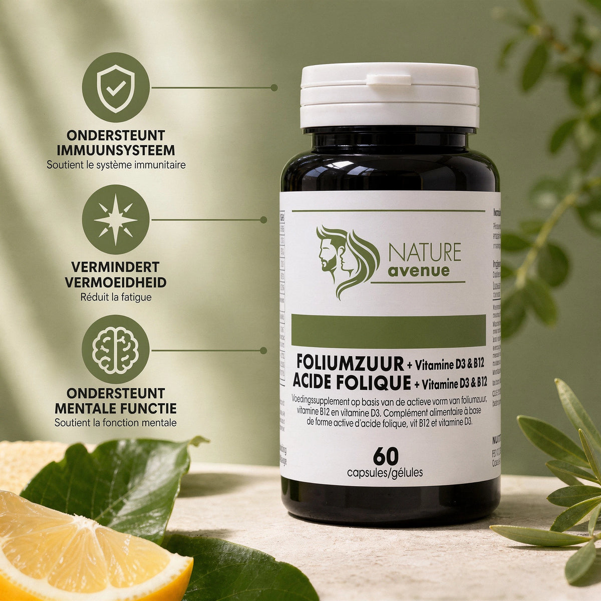Foliumzuur, vitamine B12 en vitamine D3 capsules van Nature Avenue