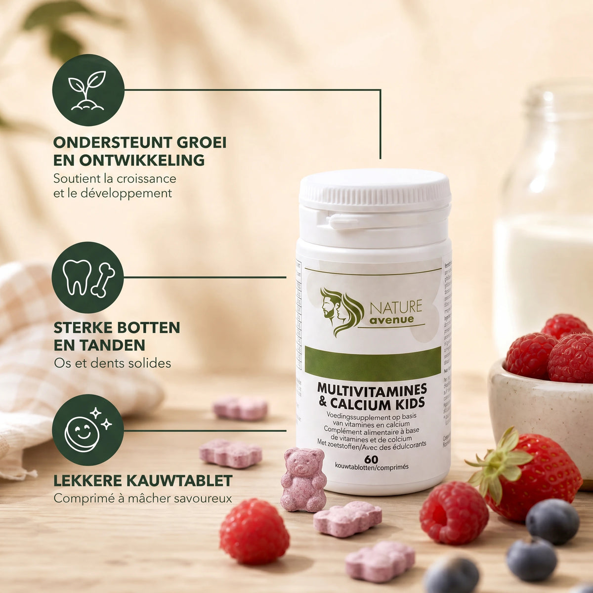 Multi-Vitamines Kids - overzicht met 10 vitaminen en calcium