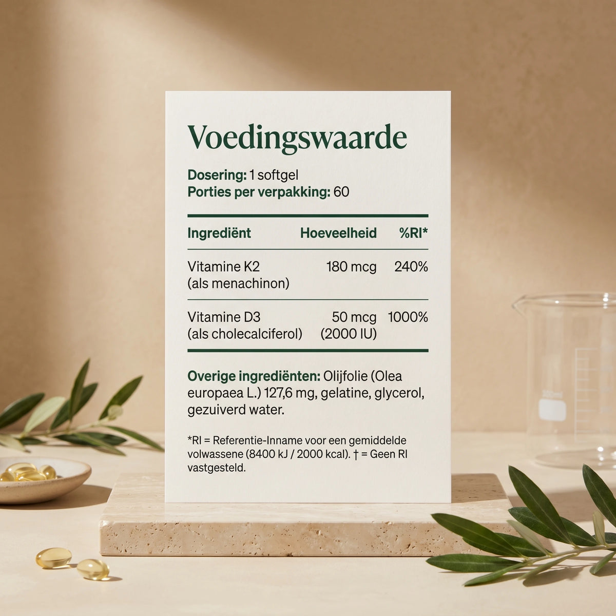 Ingrediënten en voedingswaarden van Vitamine D3 2000 IE + K2